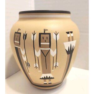 Vintage Pueblo Pottery Decorated Tan Beige Clay Vase Signed By GAX